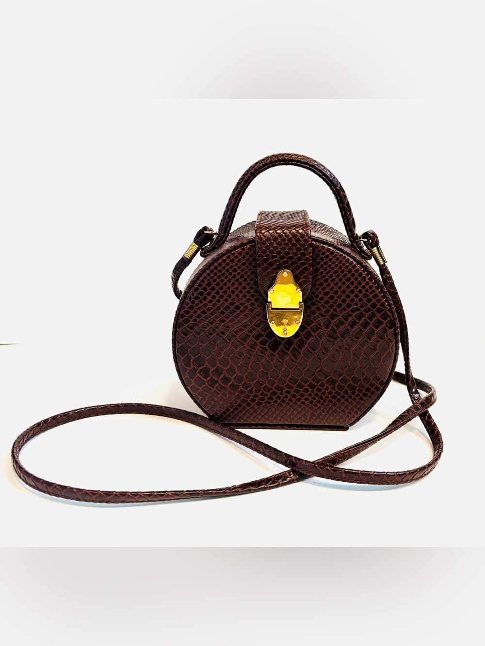 Vintage Barganza and Couture Brown Snakeskin Round Crossbody Bag with Top Handle